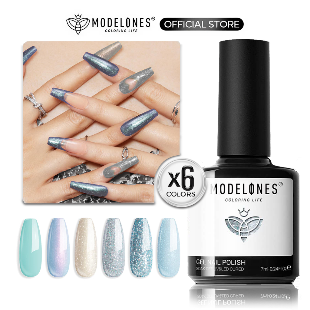 MODELONES Gel Nail Polish Set,Mermaid 6 Pcs Blue Silver Glitter Gel Nail Polish Mint Green Shimmer N
