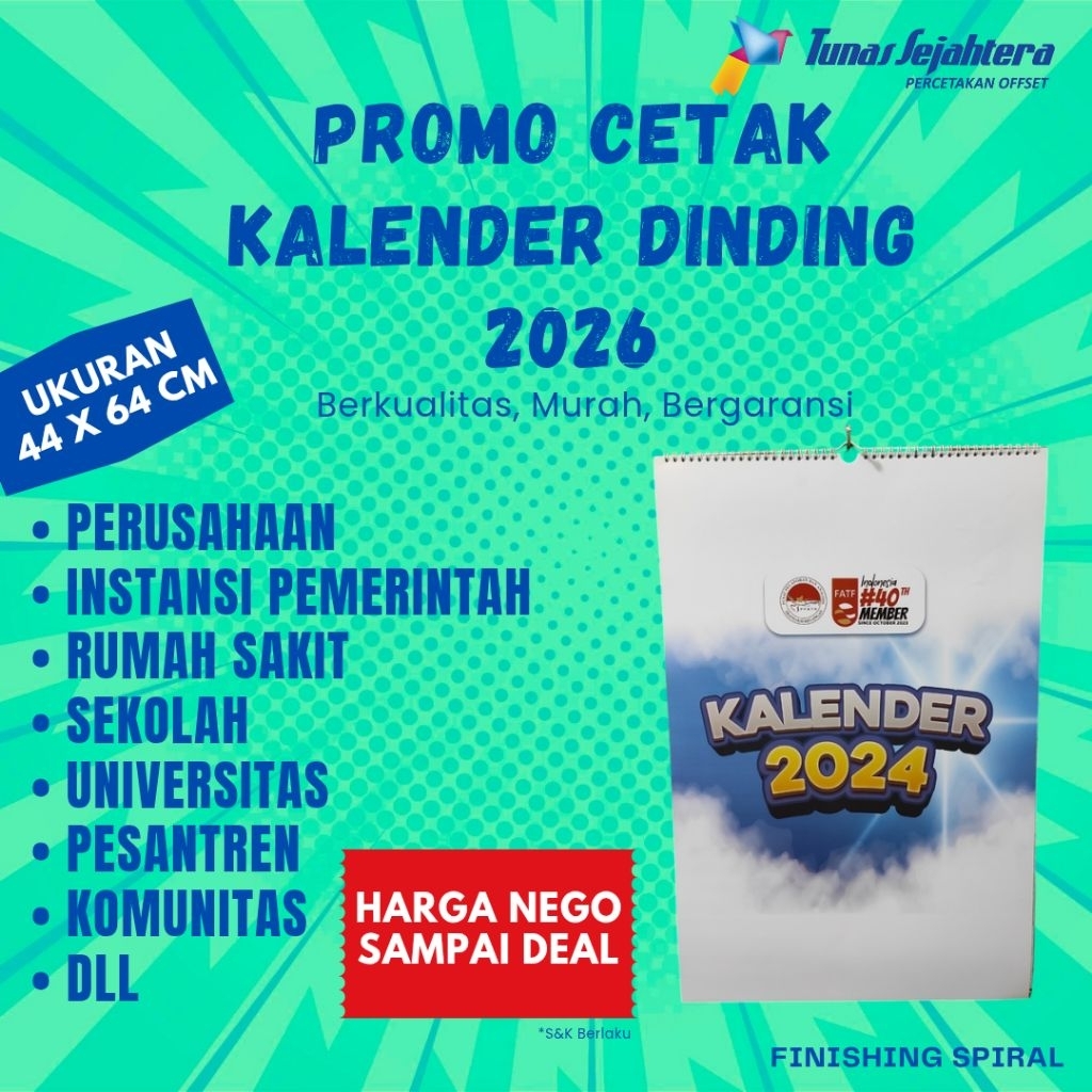

Cetak Kalender 2026 Ukuran 44x64 Jumbo 13 Lembar Spiral
