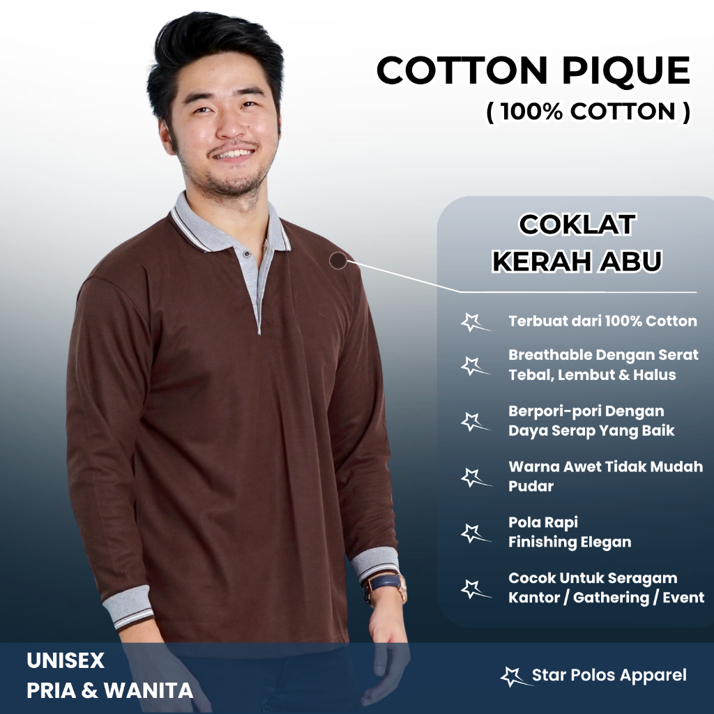 Kaos kerah/ poloshirt katun premium COKLAT KERAH ABU panjang pria wanita