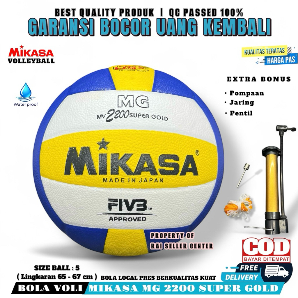 Bola Voli Volley Voly Mikasa Super Gold Murah Pres Gratis Pompaan Jaring Pentilasi Bola