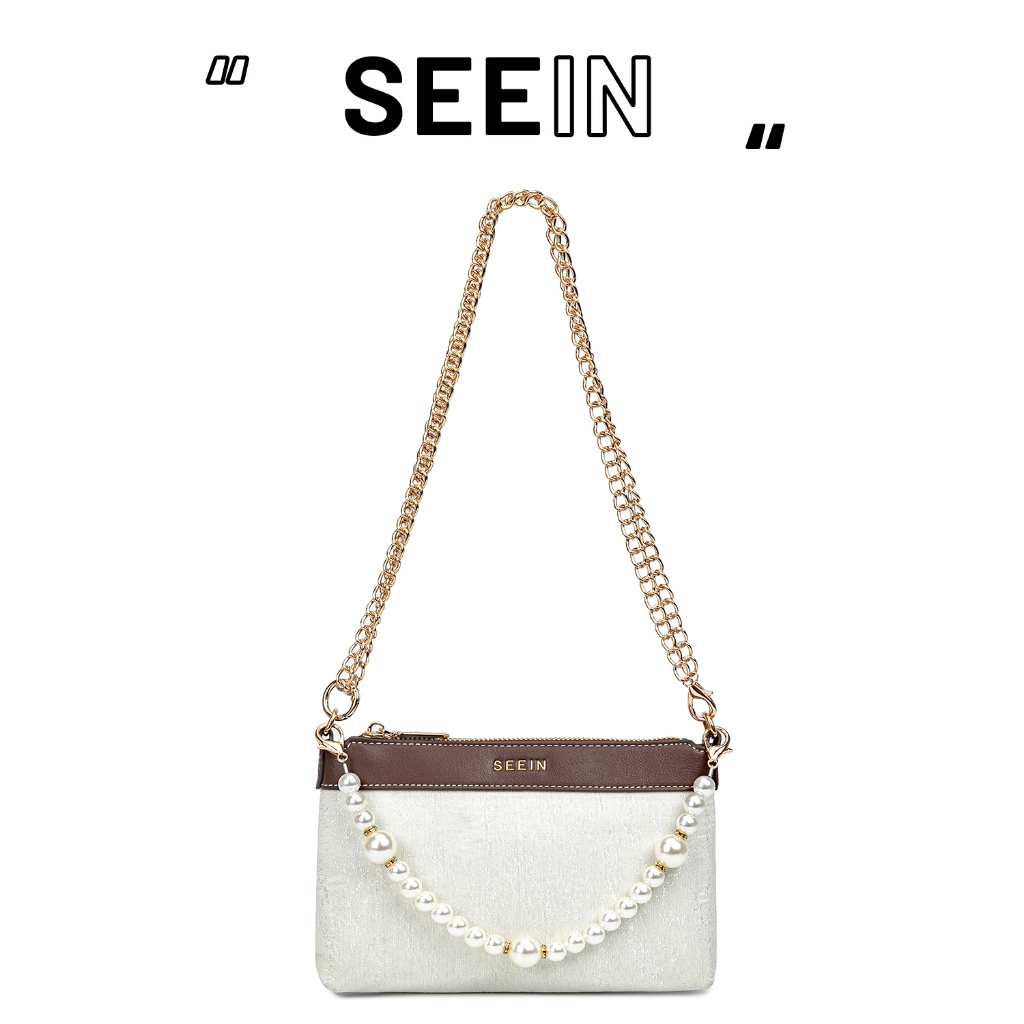 SEEIN Tas wanita tas kondangan  tas Myra motif bunga rantai emas tas selempang wanita Cream (06)#600