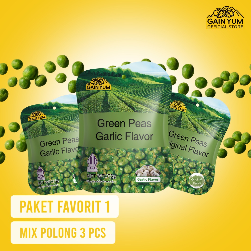 

[ PAKET FAVORIT 1 ] Gain Yum - Kacang Polong Rasa Bawang Putih dan Original Ukuran 75g