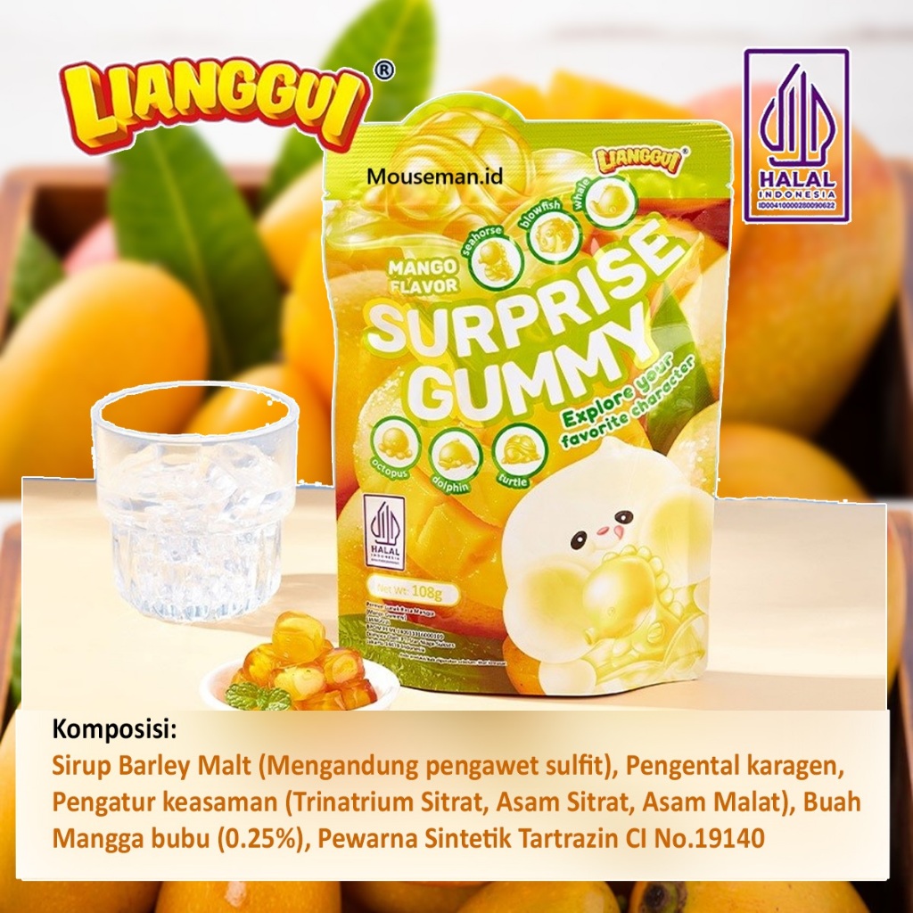 

LIANGGUI MANGO Jelly FLAVOR seahorse blowfish whale octopus dolphin turtle SURPRISE GUMMY Explore your favorite character Permen Lunak Jeli Rasa Mangga 108gr