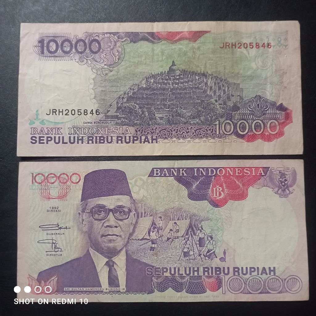 uang kertas 10000 rupiah hamengku 1992 bekas asli