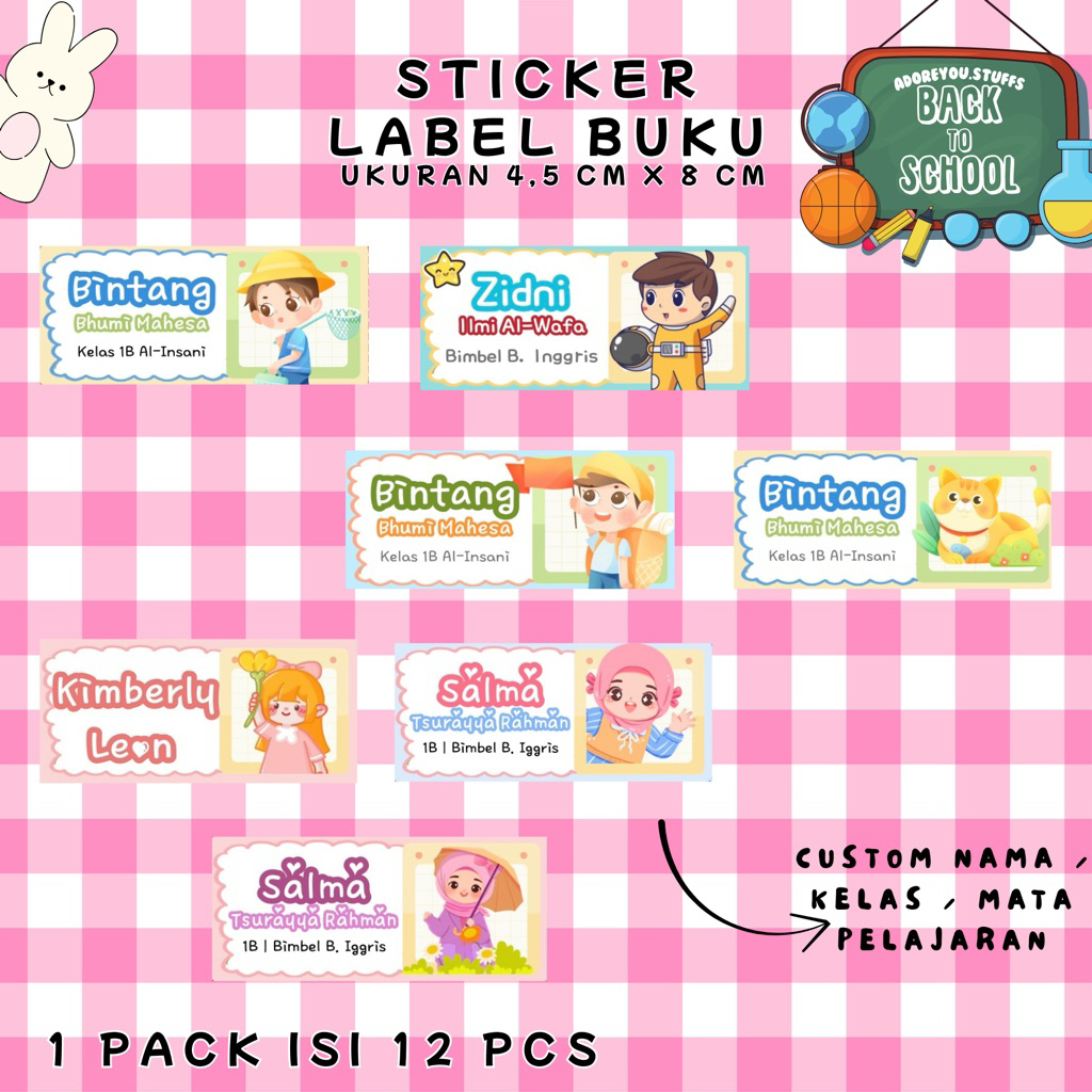 

[ BACK TO SCHOOL ] STICKER LABEL BUKU CUSTOM ( 12 PCS ) / STICKER NAMA / STICKER ANAK SEKOLAH / STICKER LUCU / STICKER BUKU MAPEL / CUSTOM NAMA