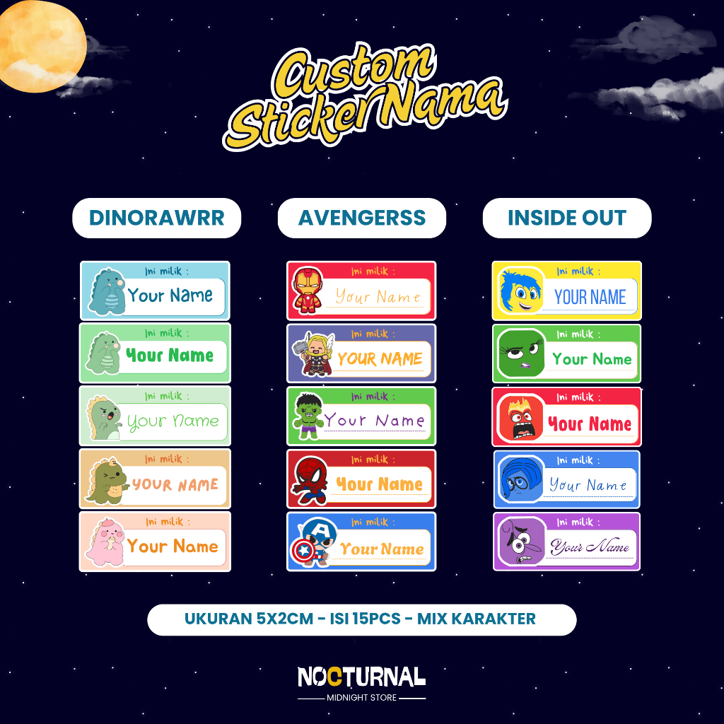 

(Isi 15 pcs) Stiker Label Nama Custom Lucu – Bisa Request Nama, Tema, dan Font Gemes Sesuai Selera