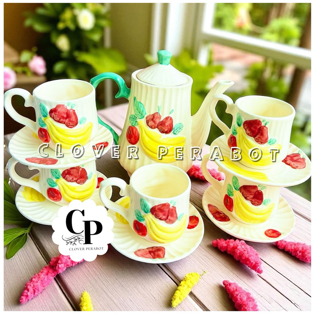 BARU SET TEKO KERAMIK / SET CANGKIR KERAMIK MOTIF BANANA SNI TEBAL
