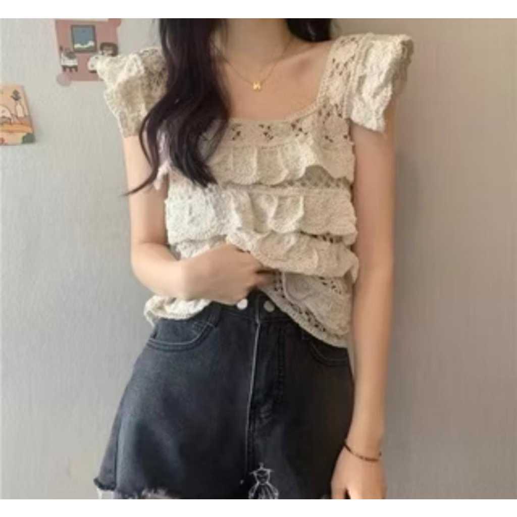 PRELOVED Tank Top Brukat Baju Pantai Outer Bikini Rompi crochet Vest Knit Bralette BH Rajut KoreanTo
