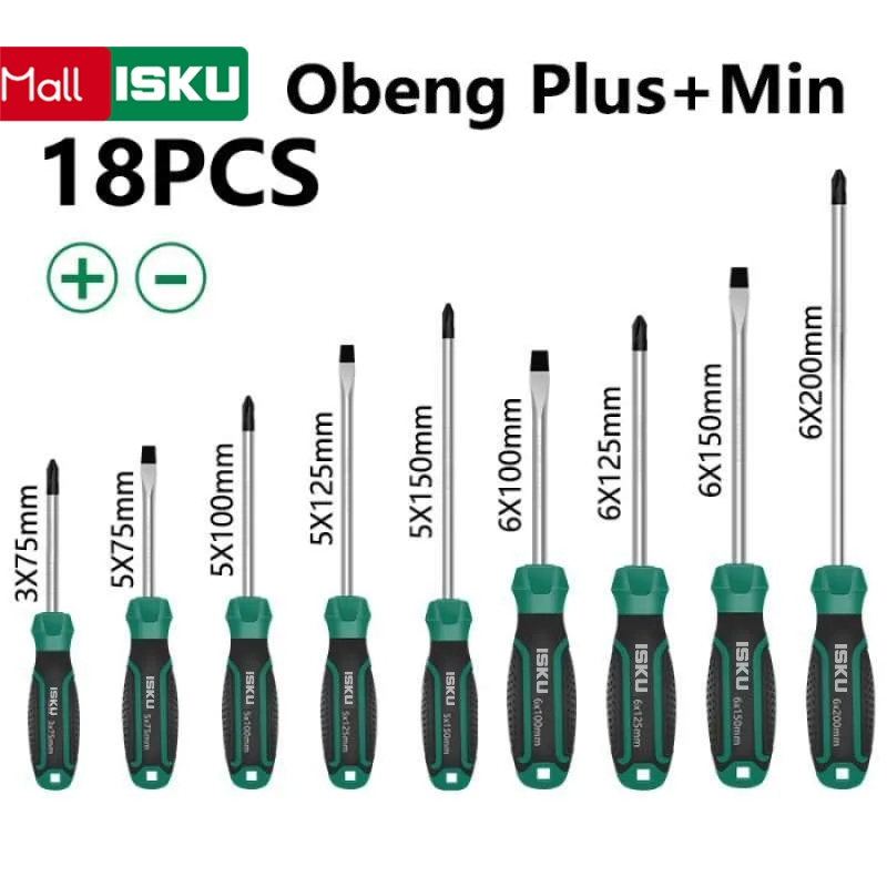 ISKU Obeng Set Kombinasi Tip Magnetik 18pcs Plus Minus Screwdriver Sets Bahan Chrome vanadium Alat P
