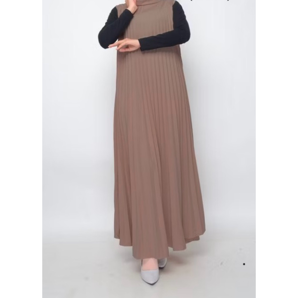 Gamis Plisket Warna Coklat Milo tanpa lengan
