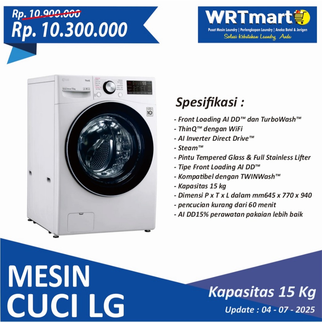 MESIN CUCI FRONT LOADING LG 15KG F2515STGW/ MESIN CUCI TURBOWASH
