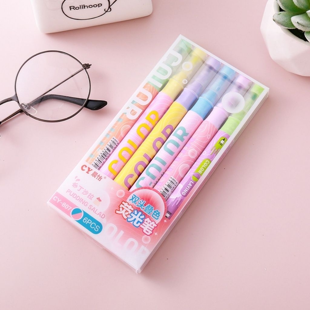 

1 Set Isi 6 Pcs Highlighter 12 Warna Stabilo 2 Sisi Spidol Pen Marker SH04