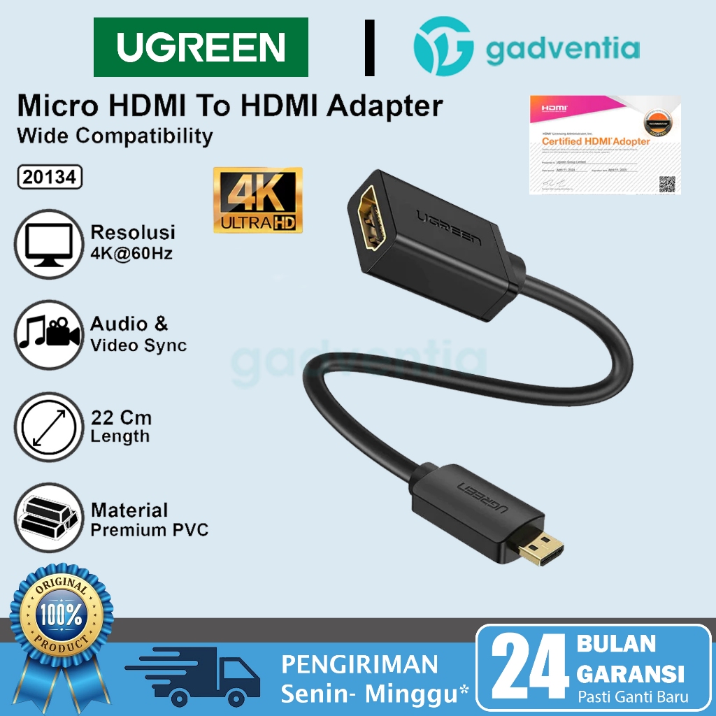 Ugreen 20134 Kabel Micro Hdmi Male / Cable Micro Usb To Hdmi Support Hd 4K Colokan Sambungan Layar T