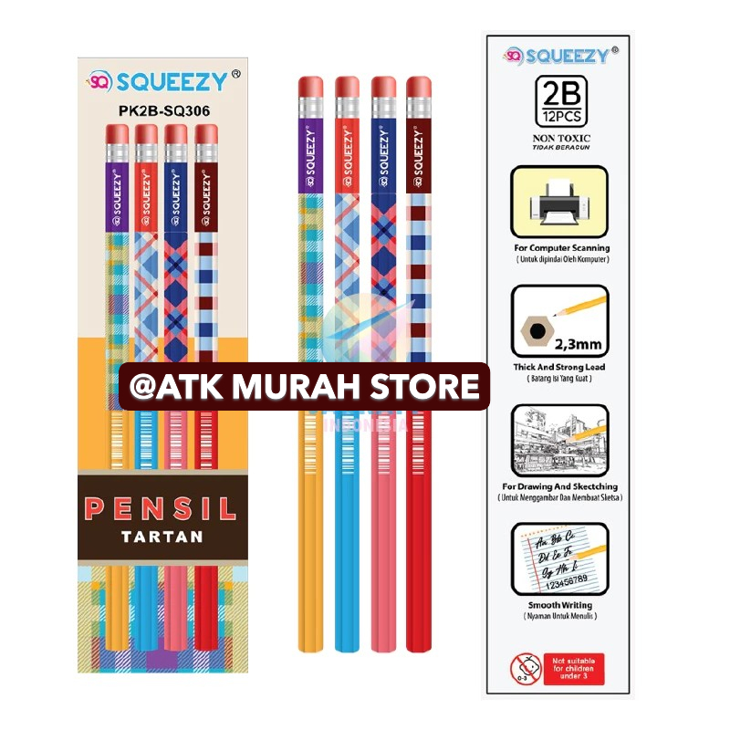 

[ATMS]JUAL (2 Pcs) Pensil Kayu Tulis Komputer Ujian Test Scoring 2B SQUEEZY Tartan Warna Warni.