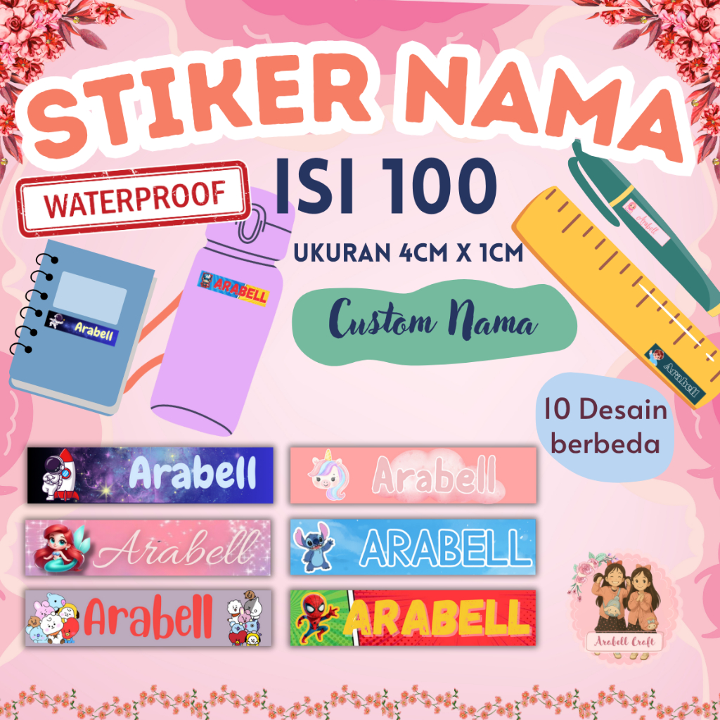 

Stiker nama barang pulpen custom nama dan karakter