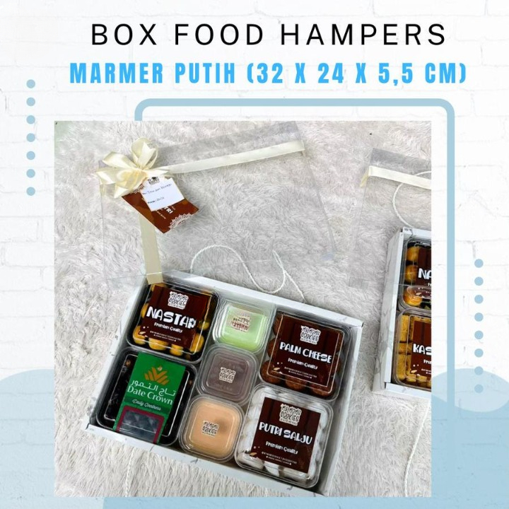 

Box Hamper Sekat Isi 1 Pcs 32 x 24 x 5,5 Cm Motif Marmer Tutup Mika Kotak Catering Nasi Dus Polos