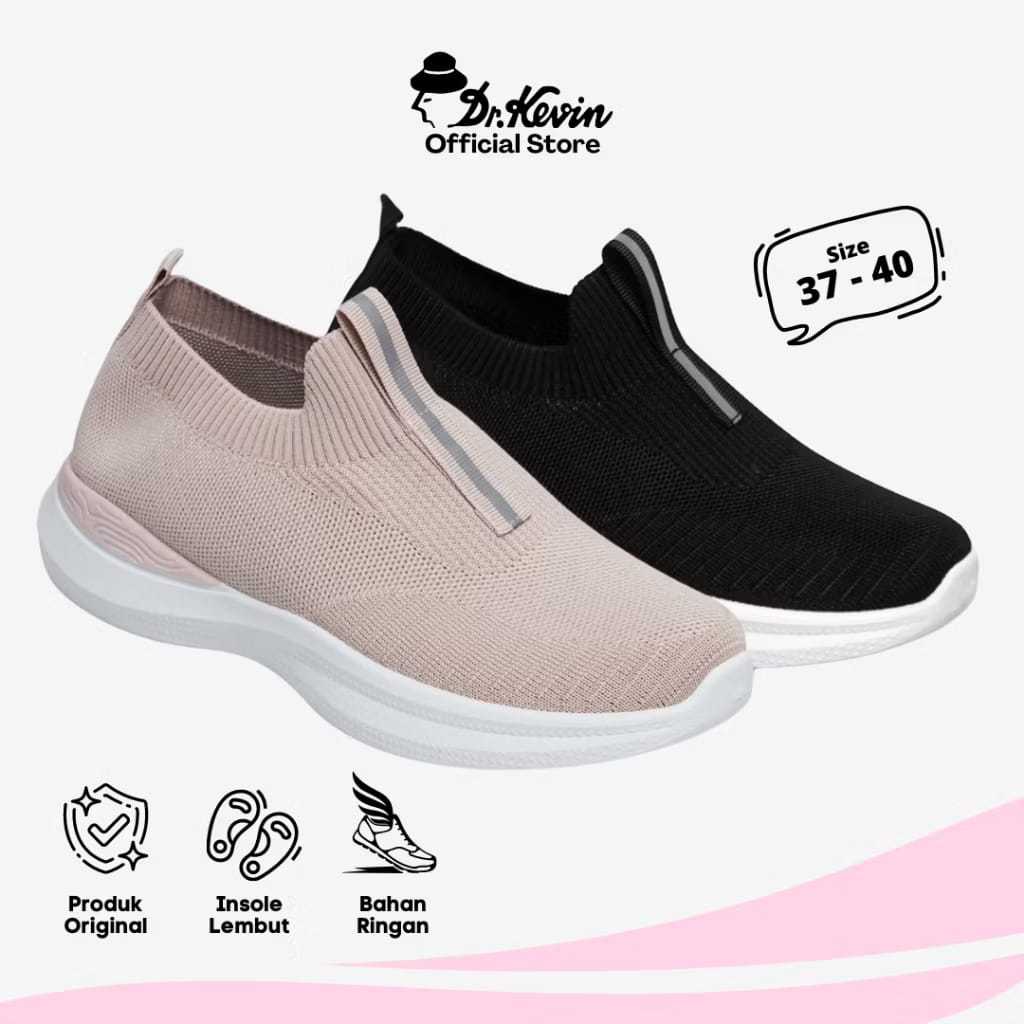 Dr. Kevin Sepatu Sneakers Slip On Wanita Warna Salem & Hitam