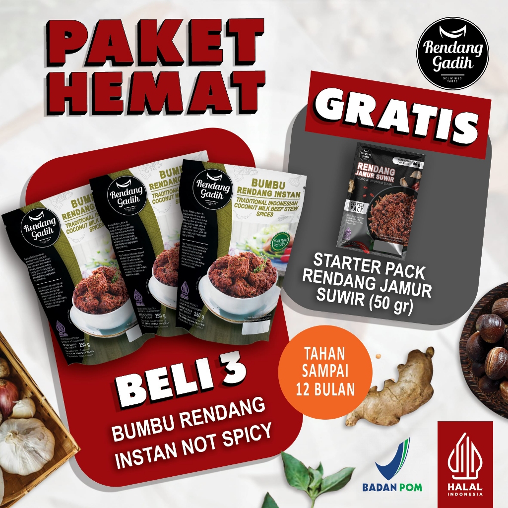 

Rendang Gadih - Paket 3 pcs Bumbu Rendang Instan Not Spicy (Tidak Pedas) @ 250 g