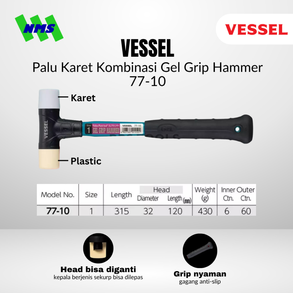 Palu Karet VESSEL No 77 Gel Grip Hammer Plastic Rubber Head Kombinasi Plastik 1 Inci Ketok Lantai Ke