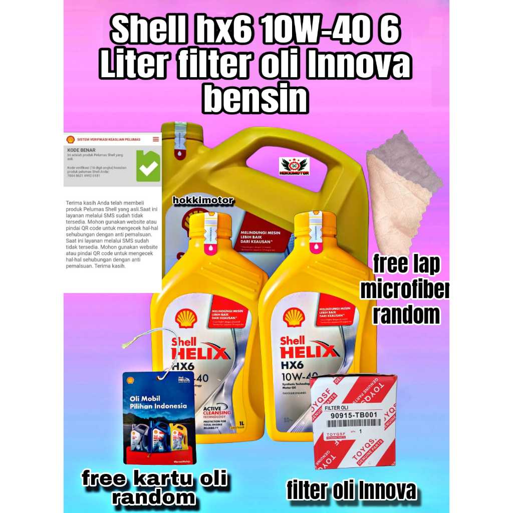 OLI MOBIL SHELL HELIX HX6 10W-40,6 LITER BARCODE ORIGINAL Filter oli INNOVA BENSIN (1 PCS Kartu Oli 