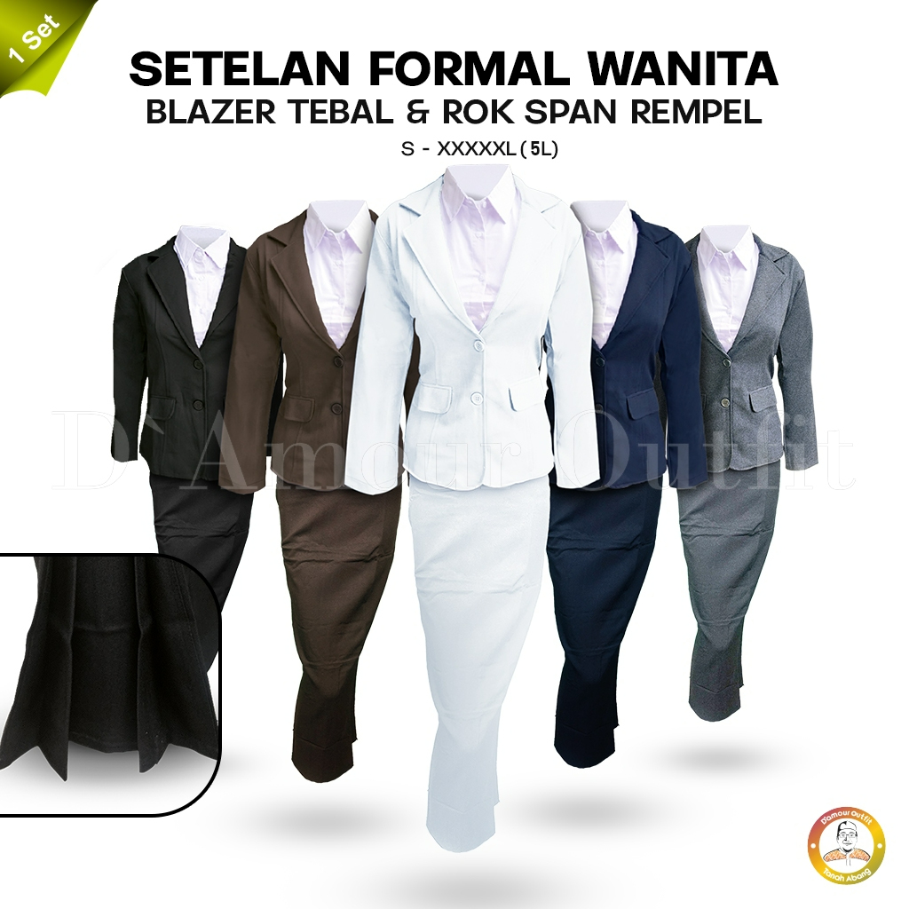 One Set Jas Blazer Rok Kipas Panjang Wanita Setelan Jas Kerja Rok Rempel Kantor Cewe Polos Dewasa An