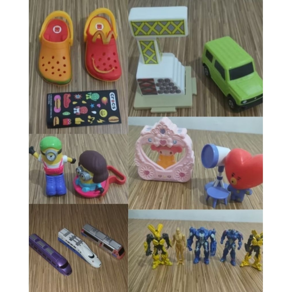 (TAKE ALL) Mainan Happy Meal Mcd Crocs, Tomica, Sanrio, Minion, transformers, shinkansen, bt21, hokb