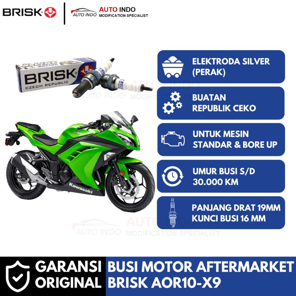 Busi Motor Brisk Xline Racing AOR10-X9 untuk Kawasaki Ninja 250 Karbu Old Garansi Ori