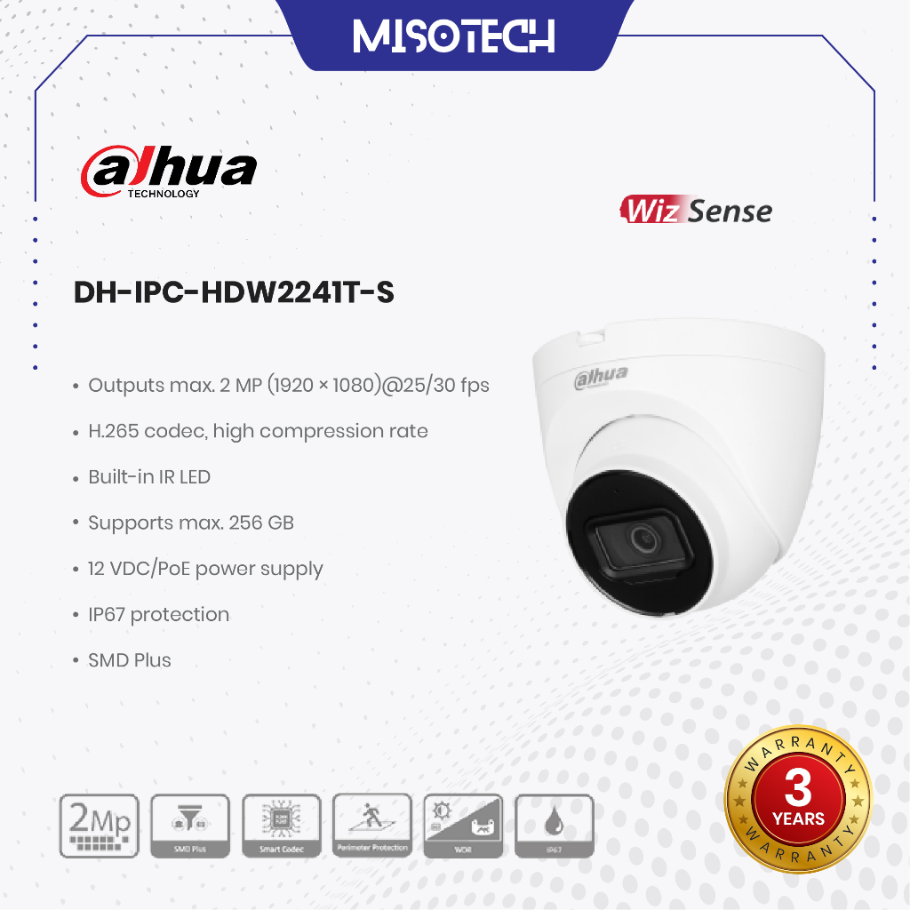 Dahua DH-IPC-HDW2241T-S 2MP IP Camera CCTV Indoor PoE Mic Audio WizSense Series