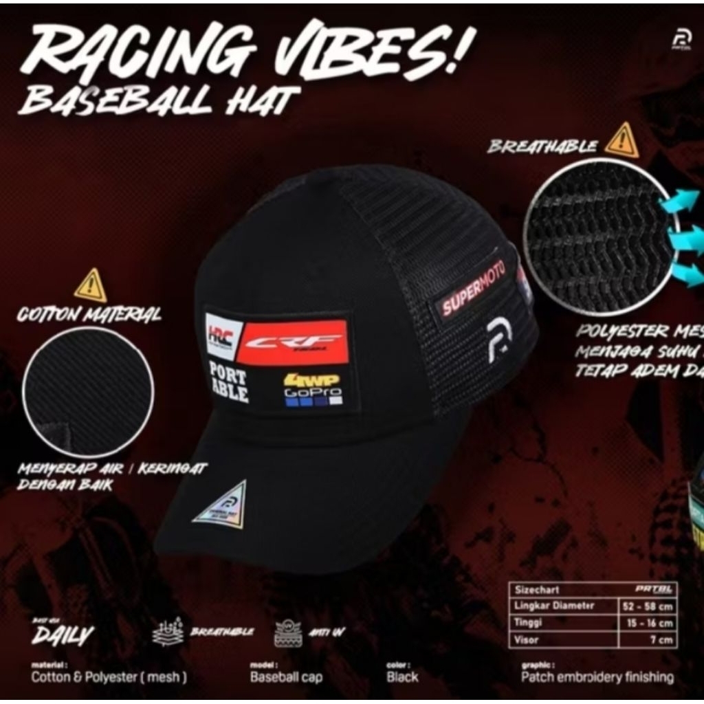prtbl hats crf/ trucker racing/ topi basball premium/topi balap/topi dewasa racing premium