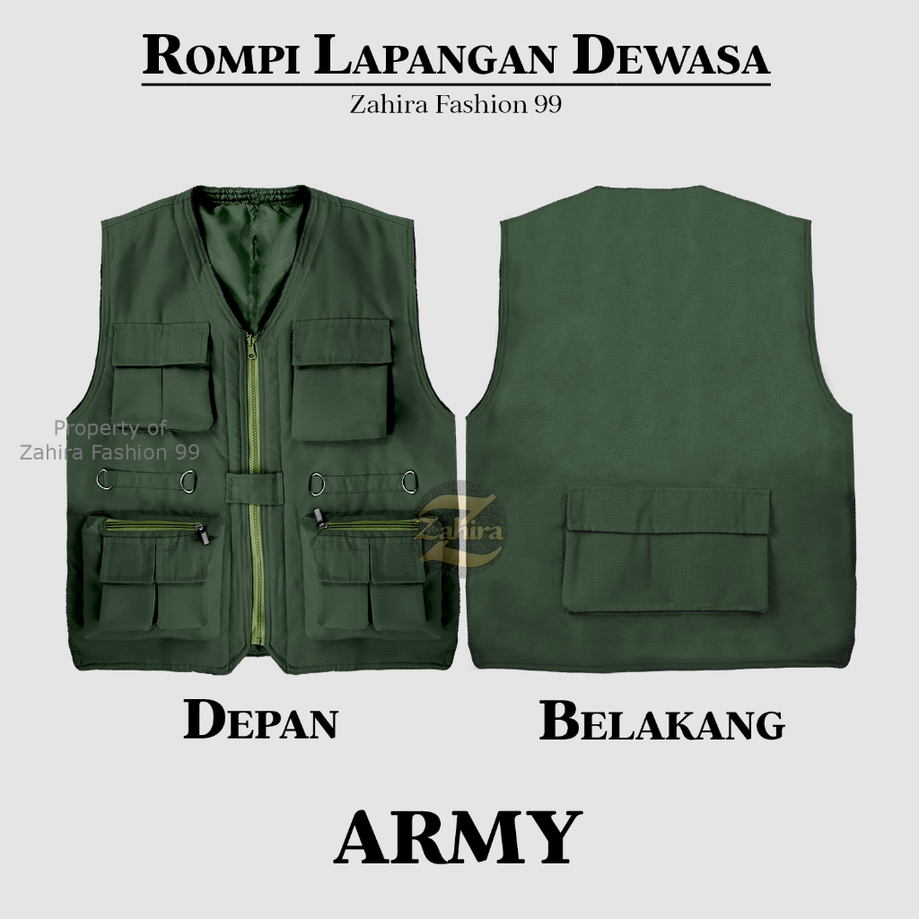 Rompi Vest Kerja Lapangan Dewasa Hijau Army | Rompi Outdoor Ripstop