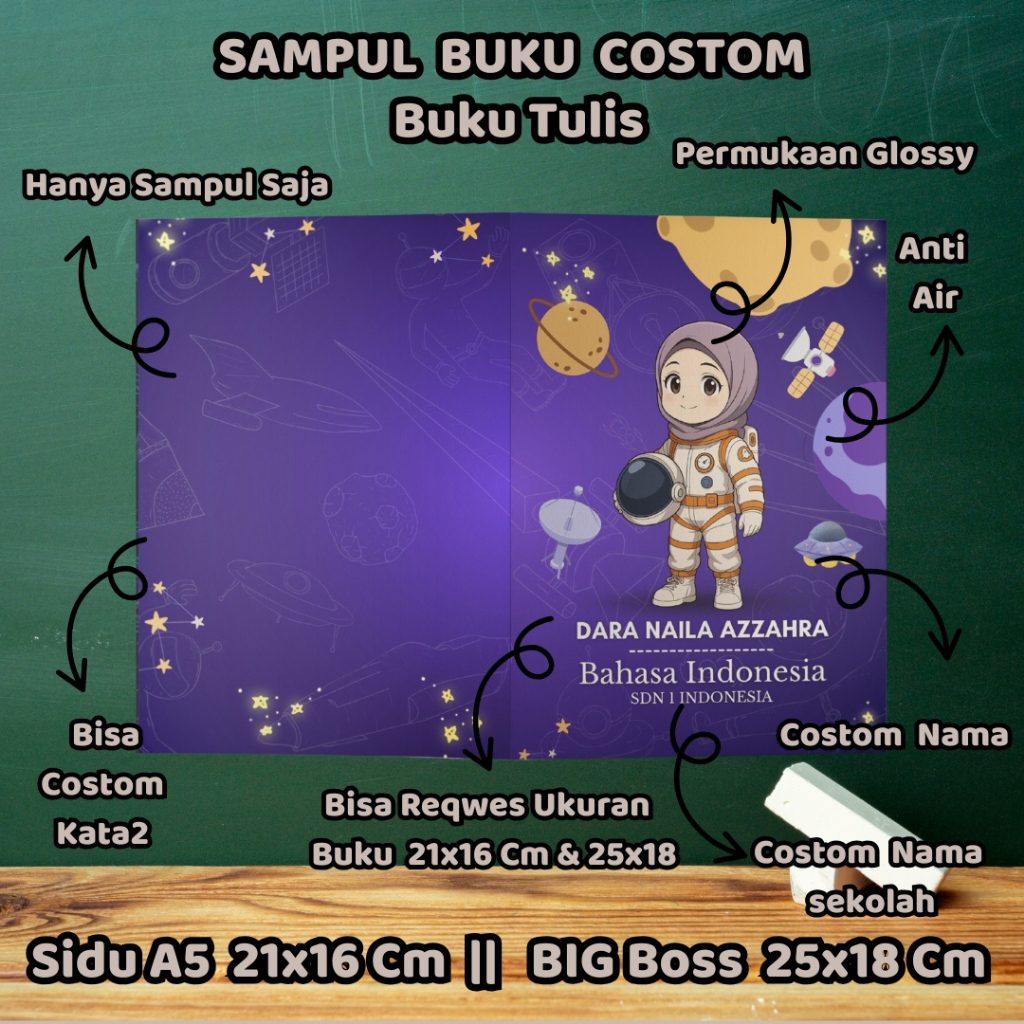 

Sampul Buku Custom (Nama, Nama Sekolah, Kelas & No Absen) Isi 1 Pcs/ Cover Buku/ Sampul Buku Kecil Standart/ Sidu