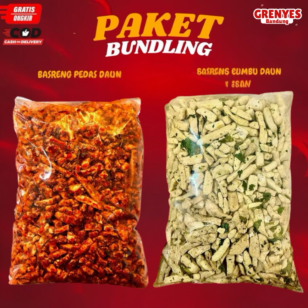 

PAKET BASRENG PEDAS 250 GRAM DAUN JERUK DAN BASRENG ORIGINAL 250 GRAM DAUN JERUK GRENYES SNACK