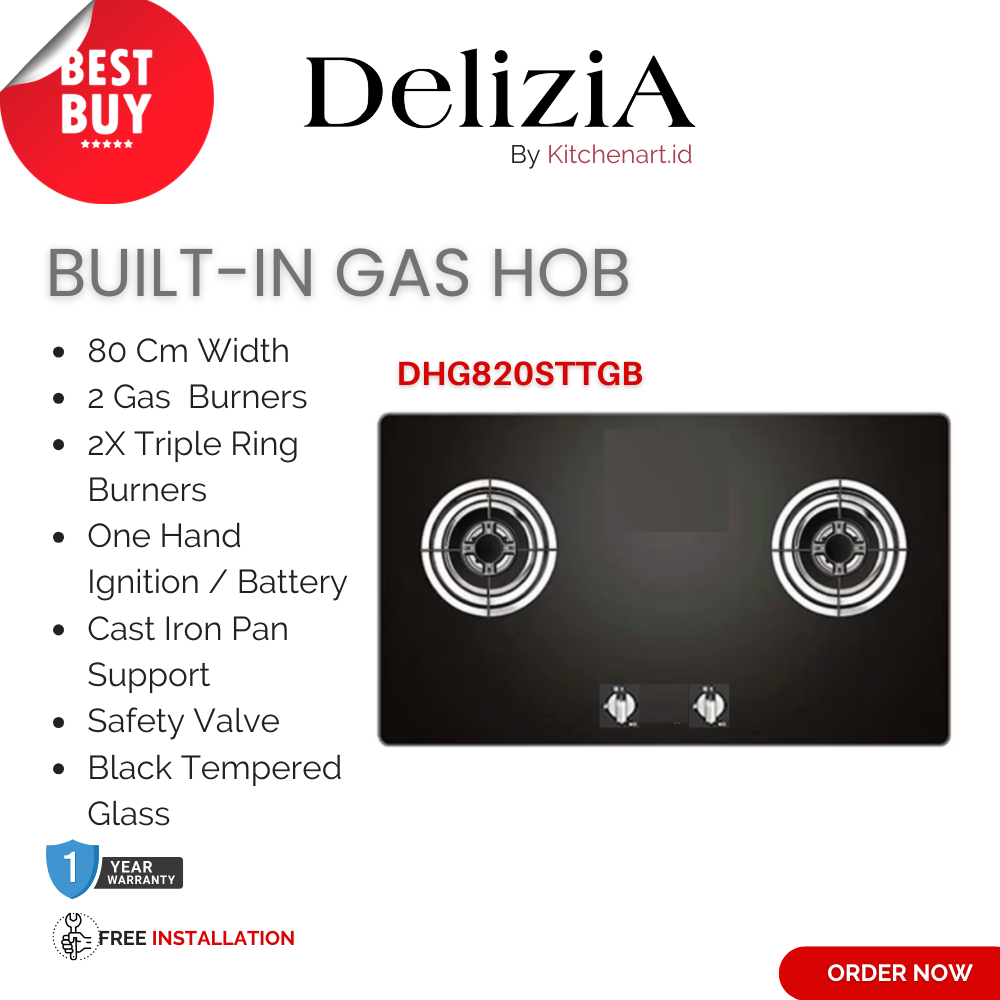 Delizia 80cm Built-in Gas Hob DHG820STTGB, Black Glass, Kompor gas 2 tungku