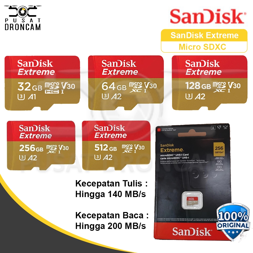 Sandisk Extreme Micro SD / MicroSD 32GB - 64GB - 128GB - 256GB - 512GB Memory Card SDHC SDXC A2 V30