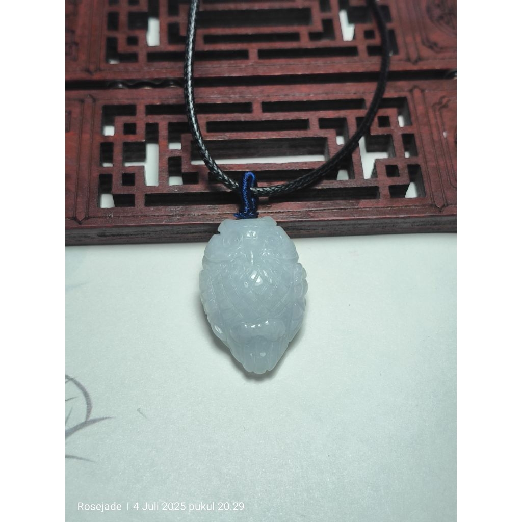 kalung Liontin Giok Burma Icy luish Lavender OWL Bersertifikat