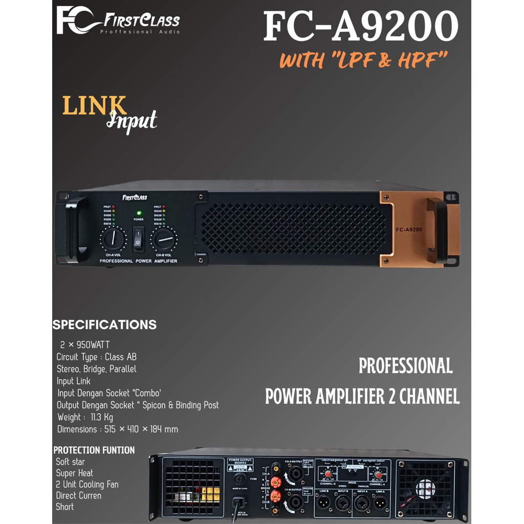 POWER AMPLIFIER FIRSTCLASS FCA9200 /FC A9200 2CHANNEL WITH CROSSOVER