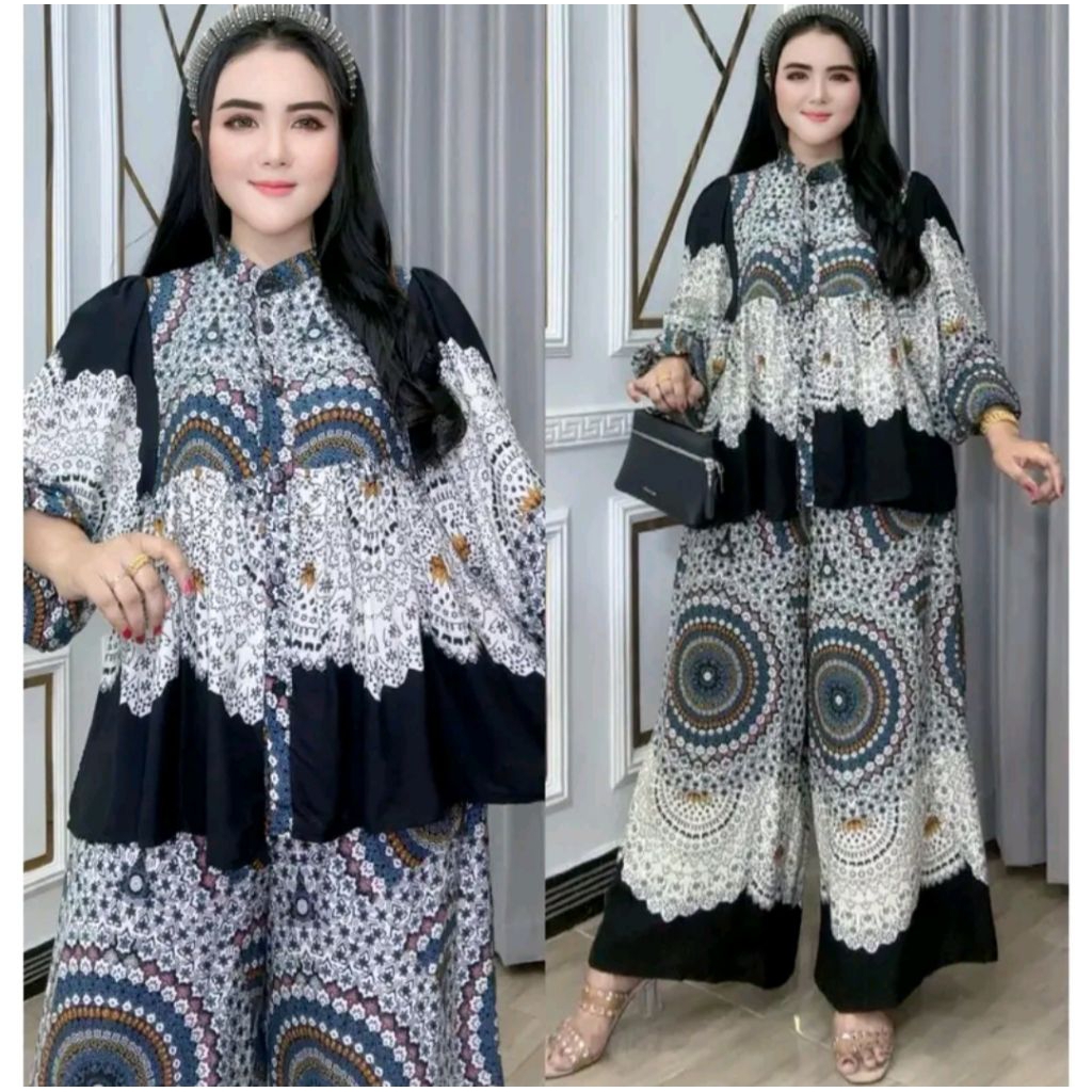 Setelan Baju Wanita Tauri katun rayoon-atasan kancing aktif