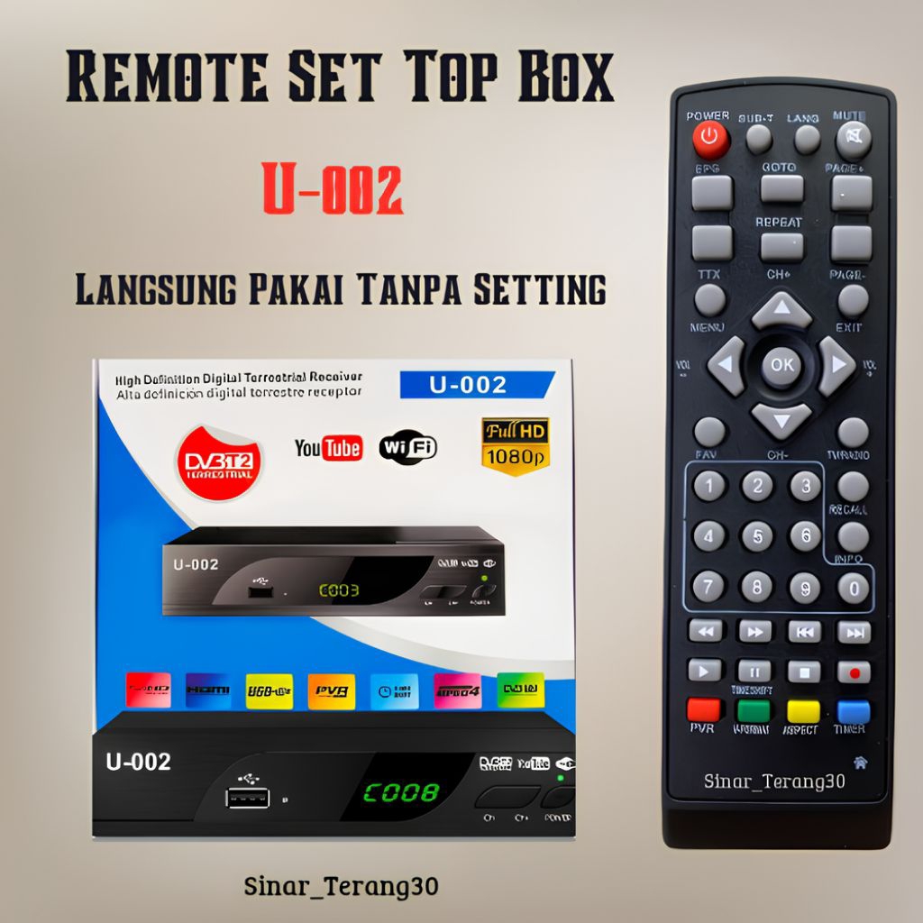 Remot Remote Set Top Box U-002 DVB T2 Langsung Pakai Tanpa Setting