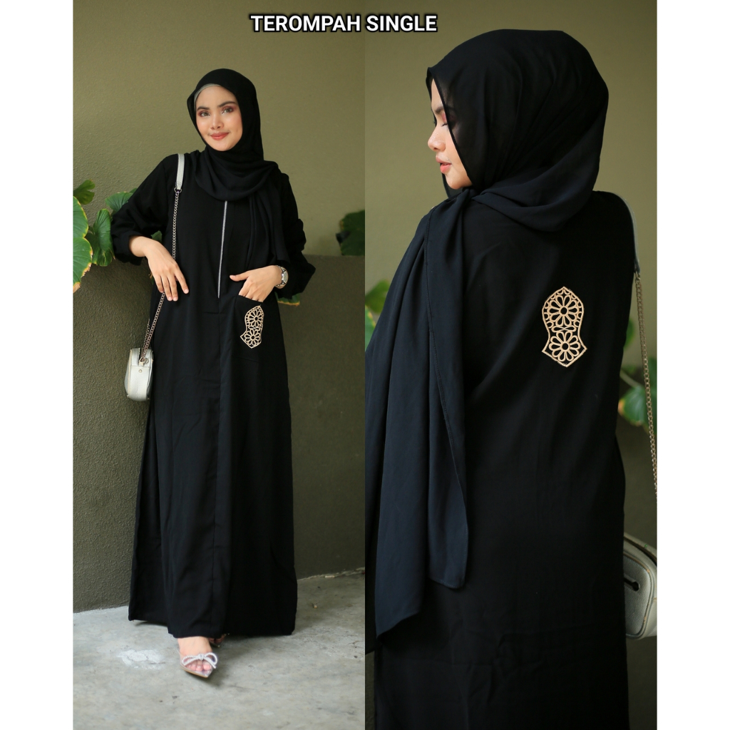 abaya ziper terompah single coksu dan abu by gamis hitam ori jetblack