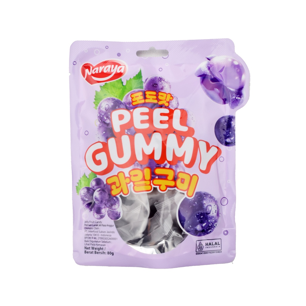 

NARAYA PEEL GUMMY FRUIT CANDY GRAPE, LEMON, MANGO, PEACH, STRAWBERRY 80gram