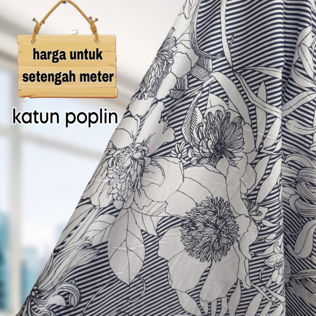 Kain Katun Poplin Motif Bunga Salur Hitam Terbaru