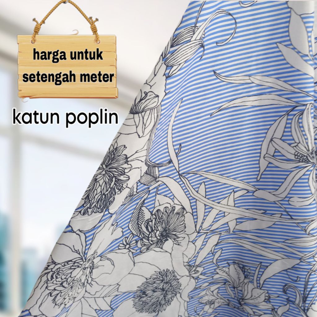 Kain Katun Poplin Motif Bunga Salur Biru Terbaru Dan Termurah