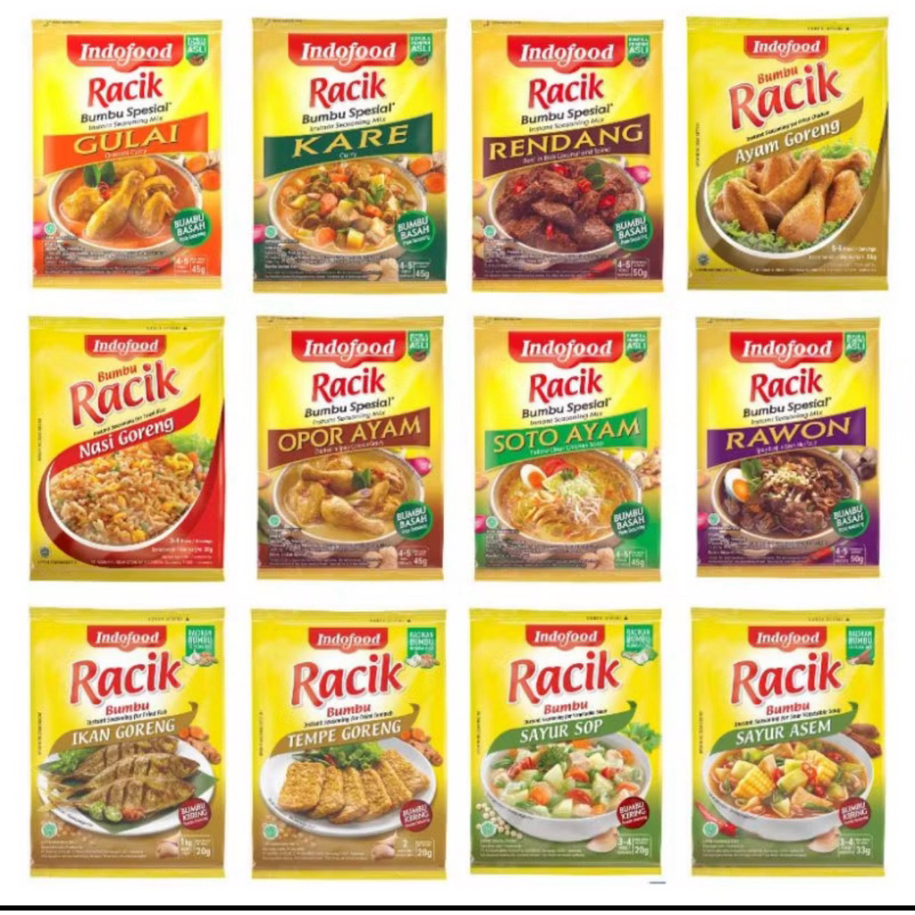 

200 bks (20 Renceng) MIX Bumbu Indofood kering, atau yang lebih dikenal sebagai Bumbu Racik Indofood, adalah produk bumbu instan yang diproduksi oleh Indofood. Varian Mix 2 Rasa