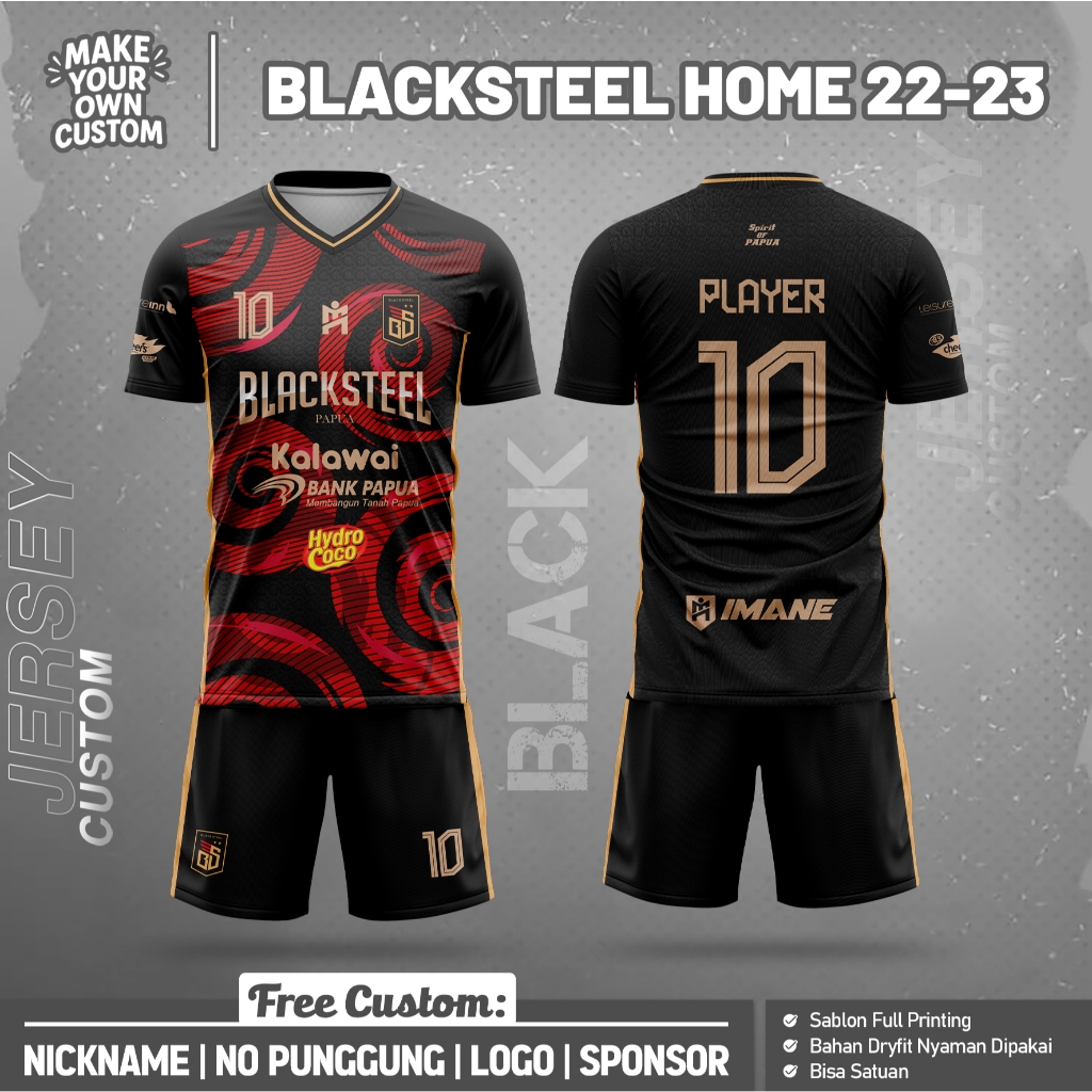 JERSEY SEPAK B0LA BLACKSTEEL H0ME 2022-2023 PENDEK Free Design Custom Nama dan No Punggung