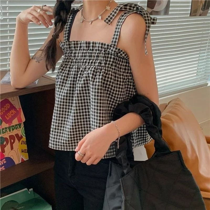 Maiden-Baju Atasan Wanita Blouse Tartan Korea Style Blouse Lovly Atasan tali Ikat