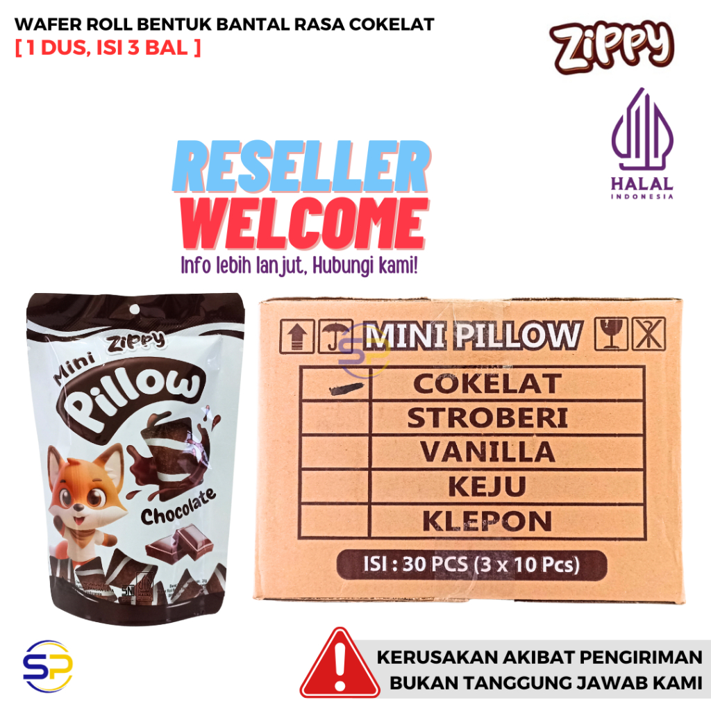 

ZIPPY MINI PILLOW POUCH Wafer Roll Bentuk Bantal [1 Dus, Isi 3 Bal]