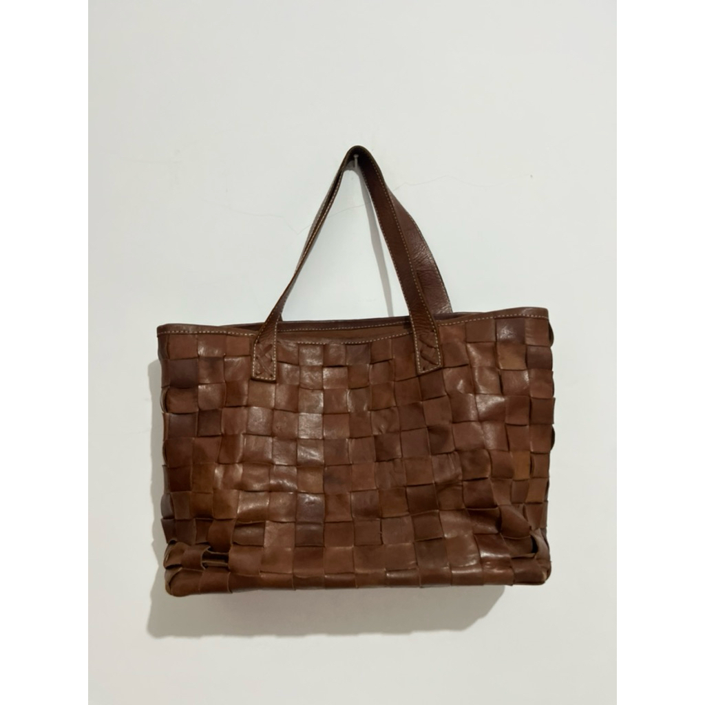 (preloved) tas kulit leather anyam coklat