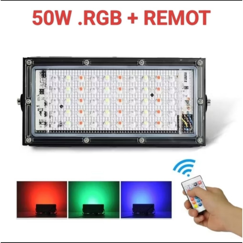 LAMPU LED SOROT TEMBAK SLIM 50W. 220V. OUTDOR .ANTI AIR. CAHAYA RGB(WARNA WARNI) .PUTIH