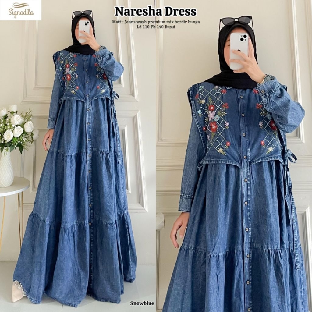 edmee dress jeans import by hana dress levis bordirmewah  gamis denim full kancing dress jeans wash 