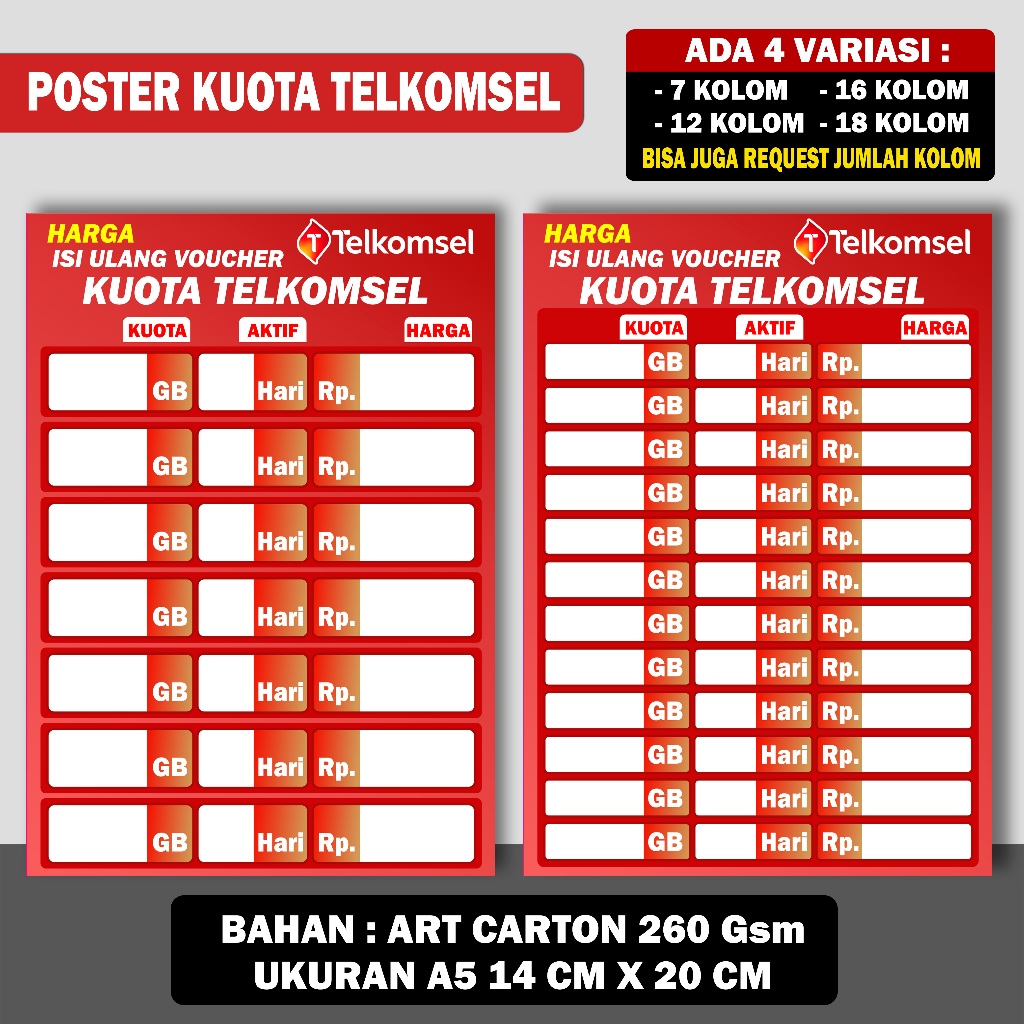 

POSTER KONTER DAFTAR HARGA ISI ULANG KUOTA VOUCHER TELKOMSEL ( CUSTOM )